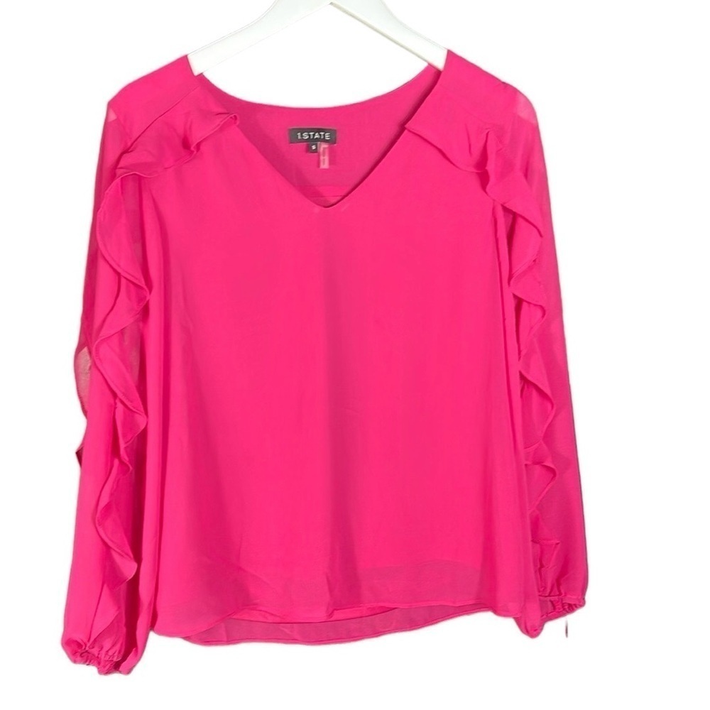 1. State V Neck Ruffled Trim Long Sleeve Top SZ S Pink